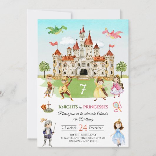 Prinzessin und Ritter Magischer Drache Kindergebur Einladung (Vorderseite)