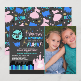 Prinzessin und Superheld zum Geburtstag Einladung