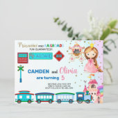 Prinzessin und Züge Geschwister Geburtstagseinladu Einladung (Stehend Vorderseite)