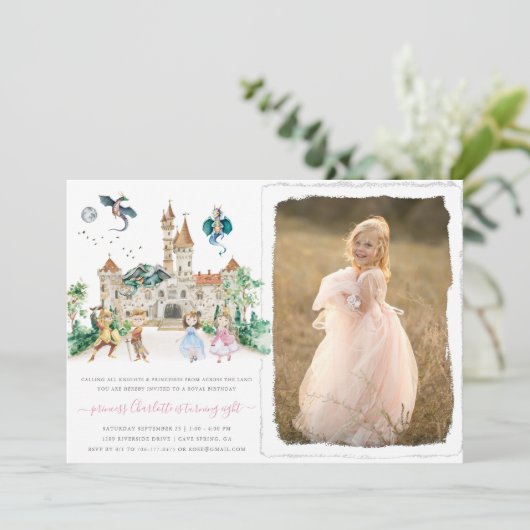 Prinzessinnen, Ritter & Dragons Fairy Tale zum Geb Einladung (Stehend Vorderseite)