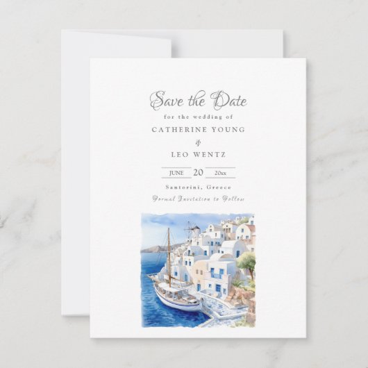 Pristine Blau und Weiß Santorini Save The Date (Vorderseite)