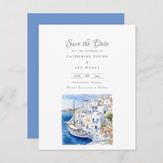 Pristine Blau und Weiß Santorini Save The Date (Vorne/Hinten)