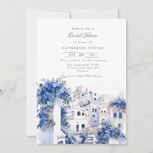 Pristine Blau-Weiß-Santorini-Brautparty Einladung (Vorderseite)