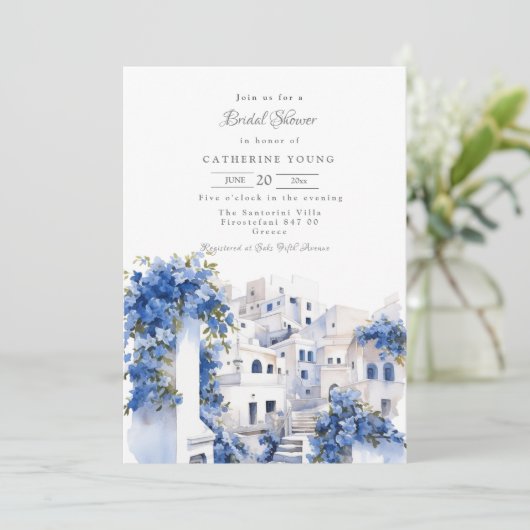 Pristine Blau-Weiß-Santorini-Brautparty Einladung (Stehend Vorderseite)