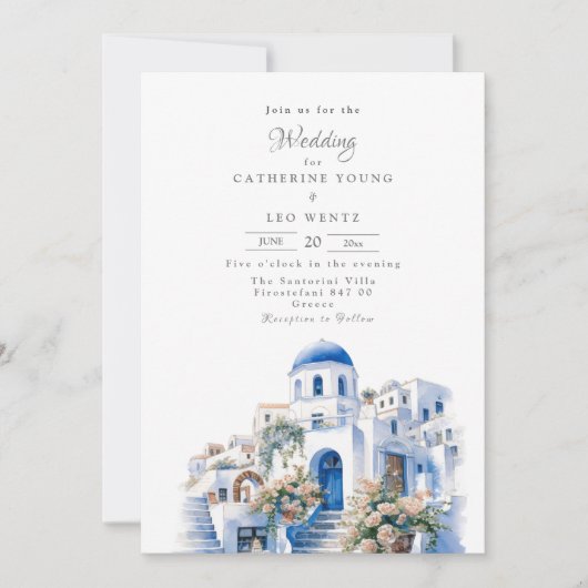 Pristine Blue and White Santorini Wedding Einladung (Vorderseite)