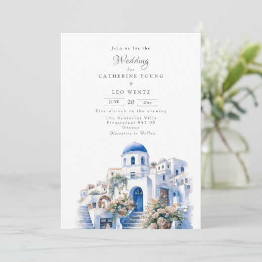 Pristine Blue and White Santorini Wedding Einladung (Stehend Vorderseite)