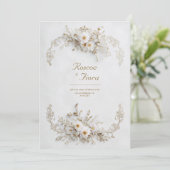 Pristine White Floral Gold Vine Elegant Wedding Einladung (Stehend Vorderseite)