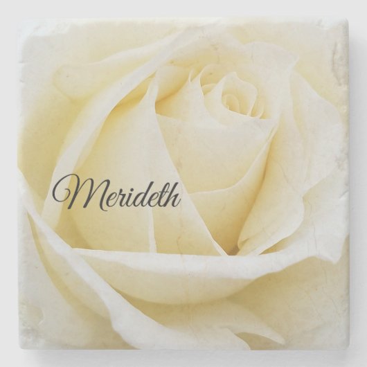 Pristine White Rose Nah-Up Foto Steinuntersetzer (Vorderseite)