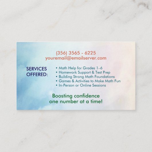 Private Mathematiklehrer - Frühe Noten, elementare Visitenkarte (Rückseite)