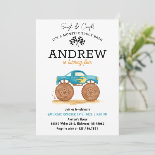 Privatkind Monster Truck Geburtstag Einladung (Stehend Vorderseite)