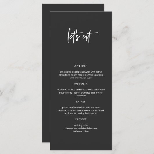 PRIYA Edgy Black Modern Let's Eat Menu Menükarte (Vorne/Hinten)