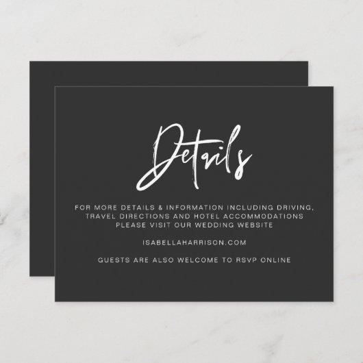 PRIYA Modern Black Wedding Details Card Einladung (Vorne/Hinten)