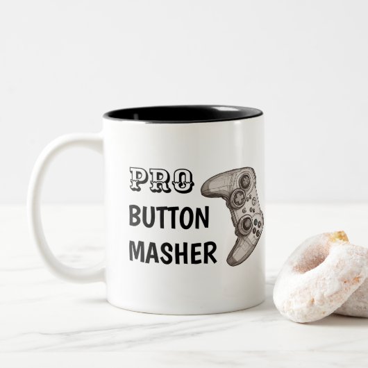 Pro Button Masher | Funny Video Game Controller Zweifarbige Tasse (Mit Donut)