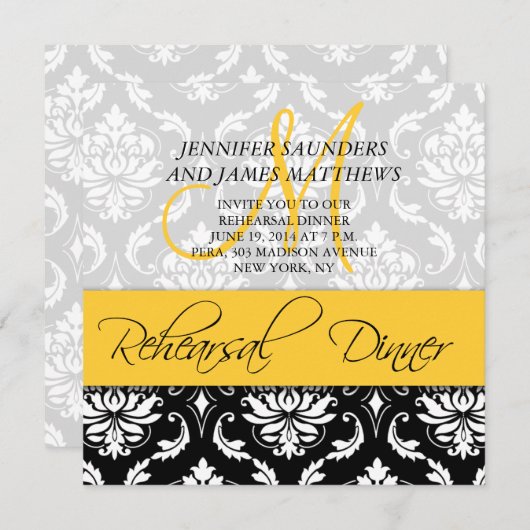 Probe Abendessen Einladung Damask Monogramm Gelb (Vorne/Hinten)