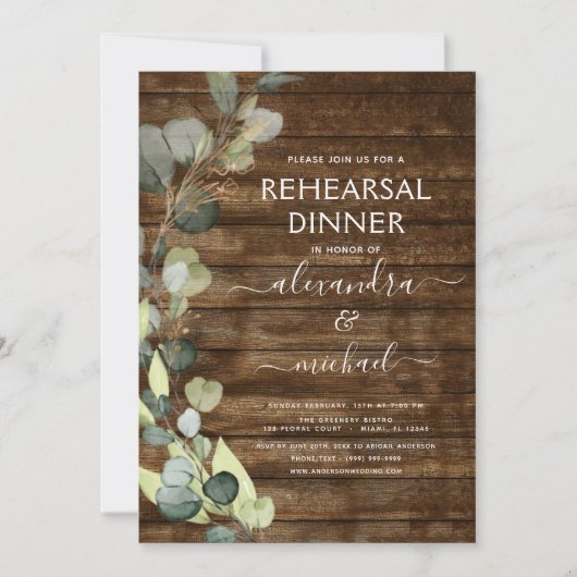 Probe Abendessen Eukalyptus Grüne Rustikale Wälder Einladung (Vorderseite)