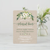 Probe-Abendessen mit weißer Blume Burlap Handwriti Einladung (Stehend Vorderseite)