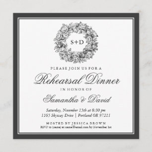 Probe Abendessen Vintag Floral Monogramm Schwarz Einladung