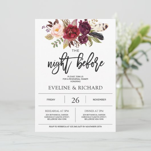 Probe der handgeschriebenen Marsala-Blumenschrift Einladung (Stehend Vorderseite)