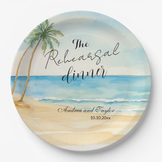 Probe Dinner Beach und Palmen Bäume Hochzeit Pappteller (Vorderseite)