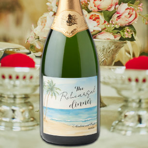 Probe Dinner Beach und Palmen Bäume Hochzeit Schaumweinetikett