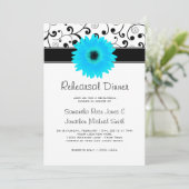 Probe Dinner Blue Gerbera Daisy Black Scroll Einladung (Stehend Vorderseite)