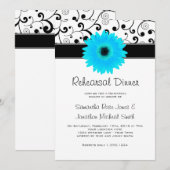 Probe Dinner Blue Gerbera Daisy Black Scroll Einladung (Vorne/Hinten)