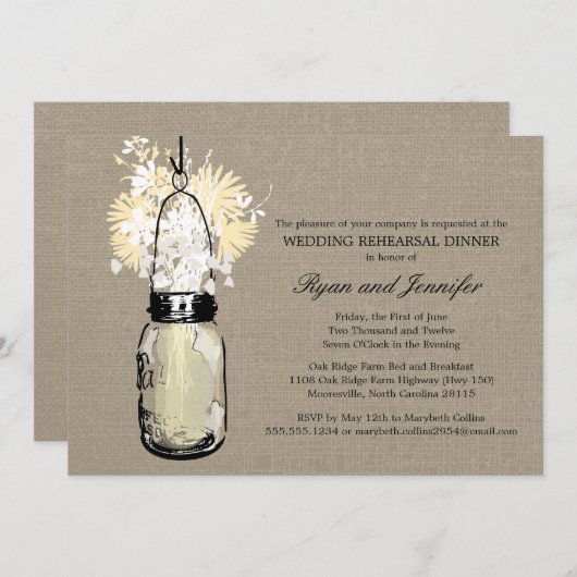 Probe Dinner - Burlap, Wilde Blume & Mason Jar Einladung (Vorne/Hinten)