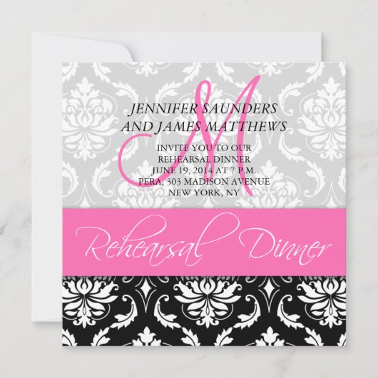 Probe Dinner Einladen Damask Monogram Hot Pink Einladung (Vorderseite)