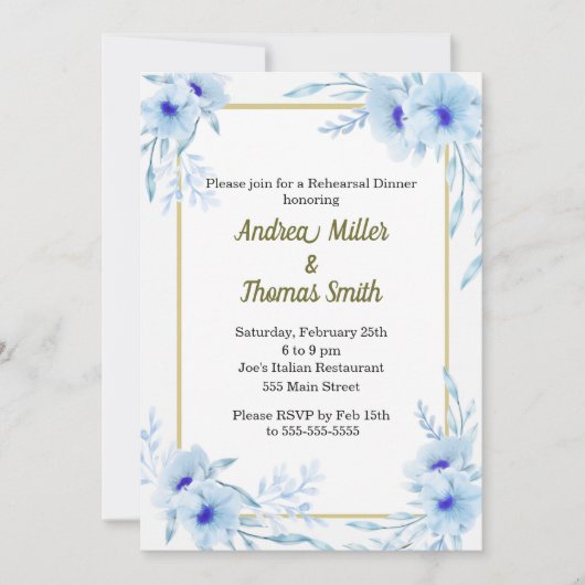 Probe Dinner Einladung Blumenblauer Gold (Vorderseite)