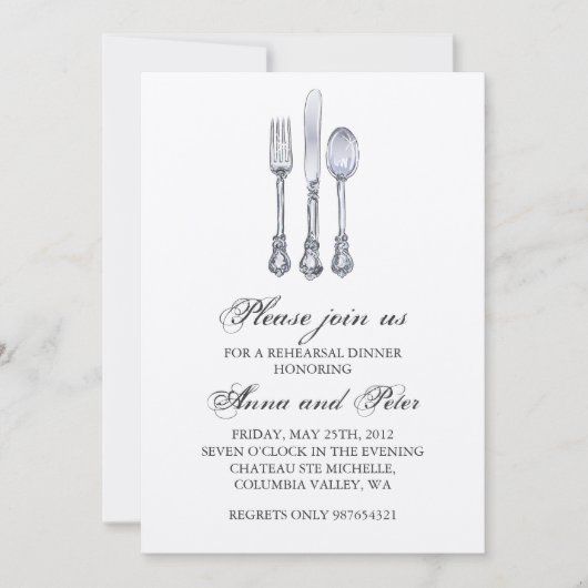 Probe Dinner Einladung - Elegantes Silbergeschirr (Vorderseite)