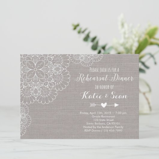 Probe Dinner Einladung Gray Burlap & Lace (Stehend Vorderseite)