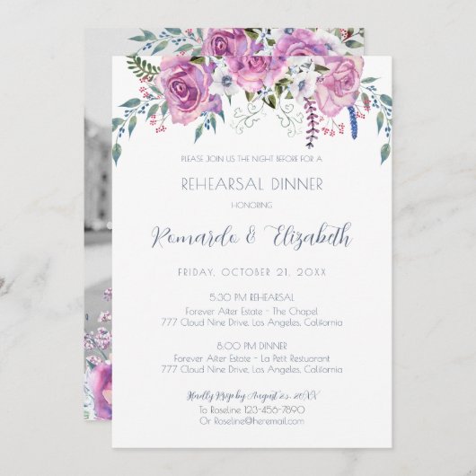 Probe Dinner Einladung mit rosa Lila Rose (Vorne/Hinten)