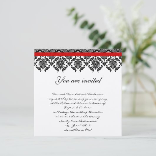 Probe Dinner Einladung - Vintager Schwarzdamast (Stehend Vorderseite)