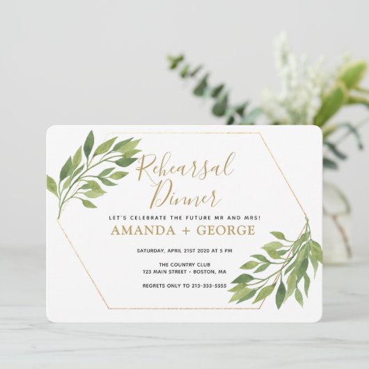 Probe Dinner elegante Grün und Gold Einladung (Stehend Vorderseite)