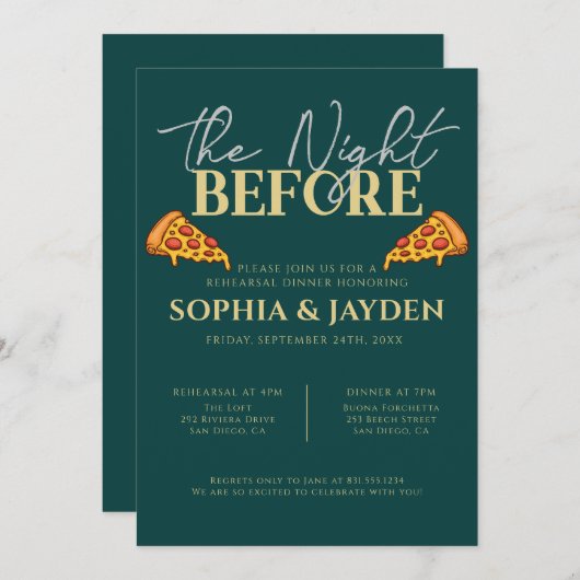 Probe Dinner Emerald Green Gold PIZZA Modernes Einladung (Vorne/Hinten)