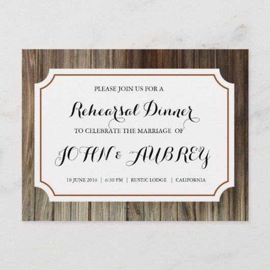 Probe Dinner für Rustikale Hochzeit Einladungspostkarte (Vorderseite)