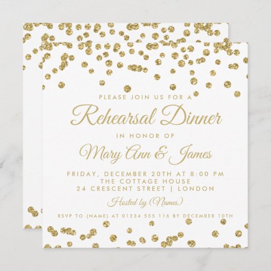 Probe Dinner Gold Imitat Glitzer Confetta Weiß Einladung (Vorne/Hinten)
