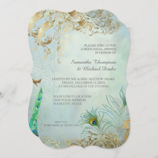 Probe Dinner Goldenes Leaf Pfauenfest Elegante Einladung (Vorne/Hinten)