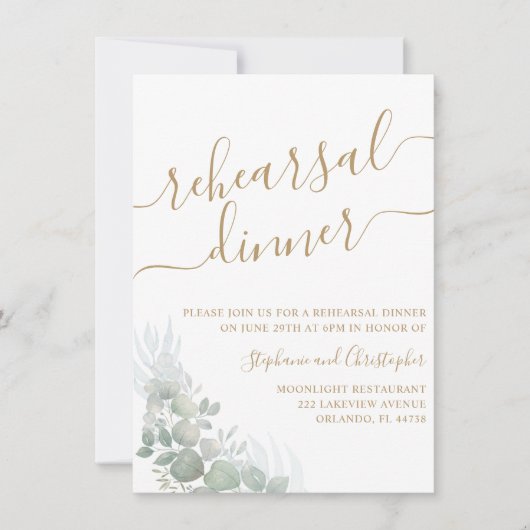Probe Dinner Green Foliage Gold Script Hochzeit Einladung (Vorderseite)