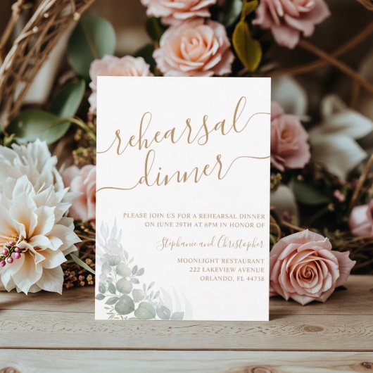 Probe Dinner Green Foliage Gold Script Hochzeit Einladung