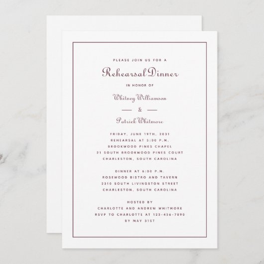 Probe Dinner Hochzeit Elegantes Burgundy Script Einladung (Vorne/Hinten)