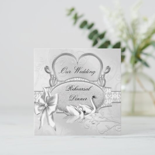 Probe Dinner Hochzeit Silberschwäne Herz Einladung (Stehend Vorderseite)