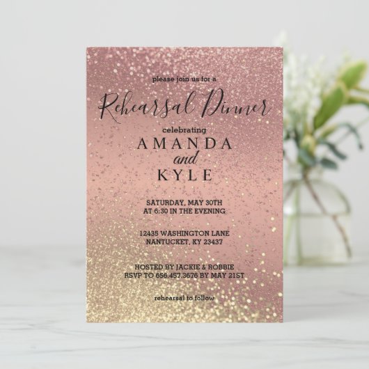 Probe Dinner in Rose Gold und Gold Glitzer Einladung (Stehend Vorderseite)