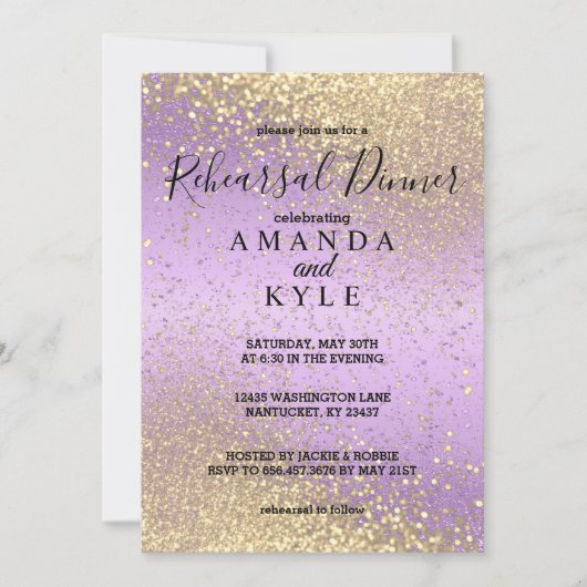 Probe Dinner Lila und Gold Glitzer Einladung (Vorderseite)