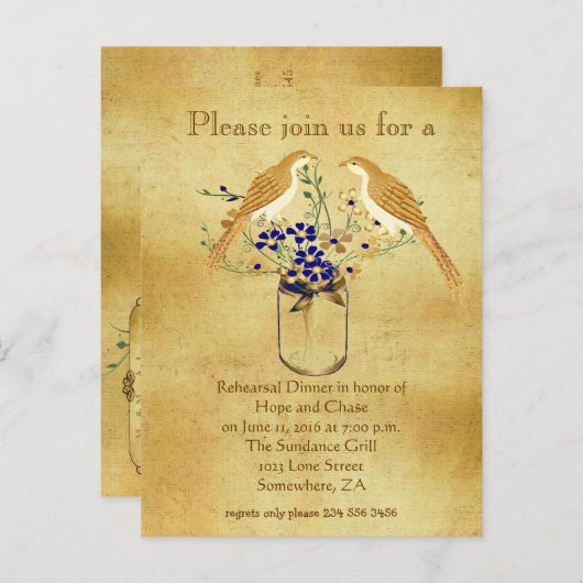 Probe Dinner Mason Jar Wilde Blume Liebe Vögel Einladungspostkarte (Vorne/Hinten)