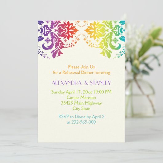 Probe-Dinner mit Regenbogenfarben Einladung (Stehend Vorderseite)