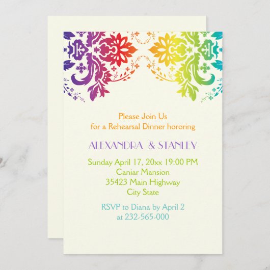 Probe-Dinner mit Regenbogenfarben Einladung (Vorne/Hinten)