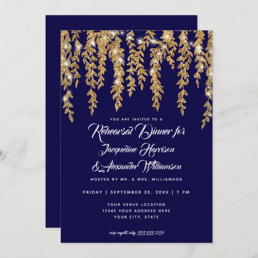 Probe Dinner Modernes Twinkle Lights Leaf Gold Einladung (Vorne/Hinten)