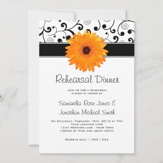 Probe Dinner Orange Gerbera Daisy Black Scroll Einladung (Vorderseite)