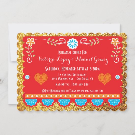 Probe-Dinner Papel Picado Gold Glitzer Einladung (Rückseite)